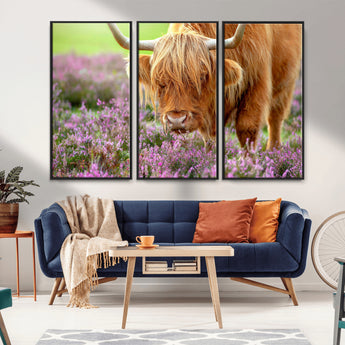 64069351-MGV-CV-36X24-Farmhouse Wall Art – Highland Cow in Wildflowers Canvas Print, Rustic Country Cattle Photography Decor for Bedroom, Living Room,