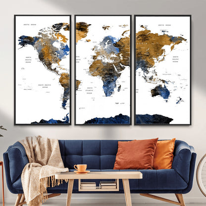 MGV-FC-48X32-3P - World Map Wall Art Canvas Print, Framed Blue Gold Map Art Picture Print, Rustic Atlas Perfect Rustic Modern Decor Artwork