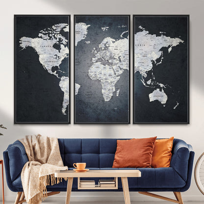 MGV-FC-48X32-3P - Monochrome World Map Wall Art Canvas Print, Framed Minimalist Map Art Picture Print, Modern Atlas Perfect Modern Minimalist Decor Artwork