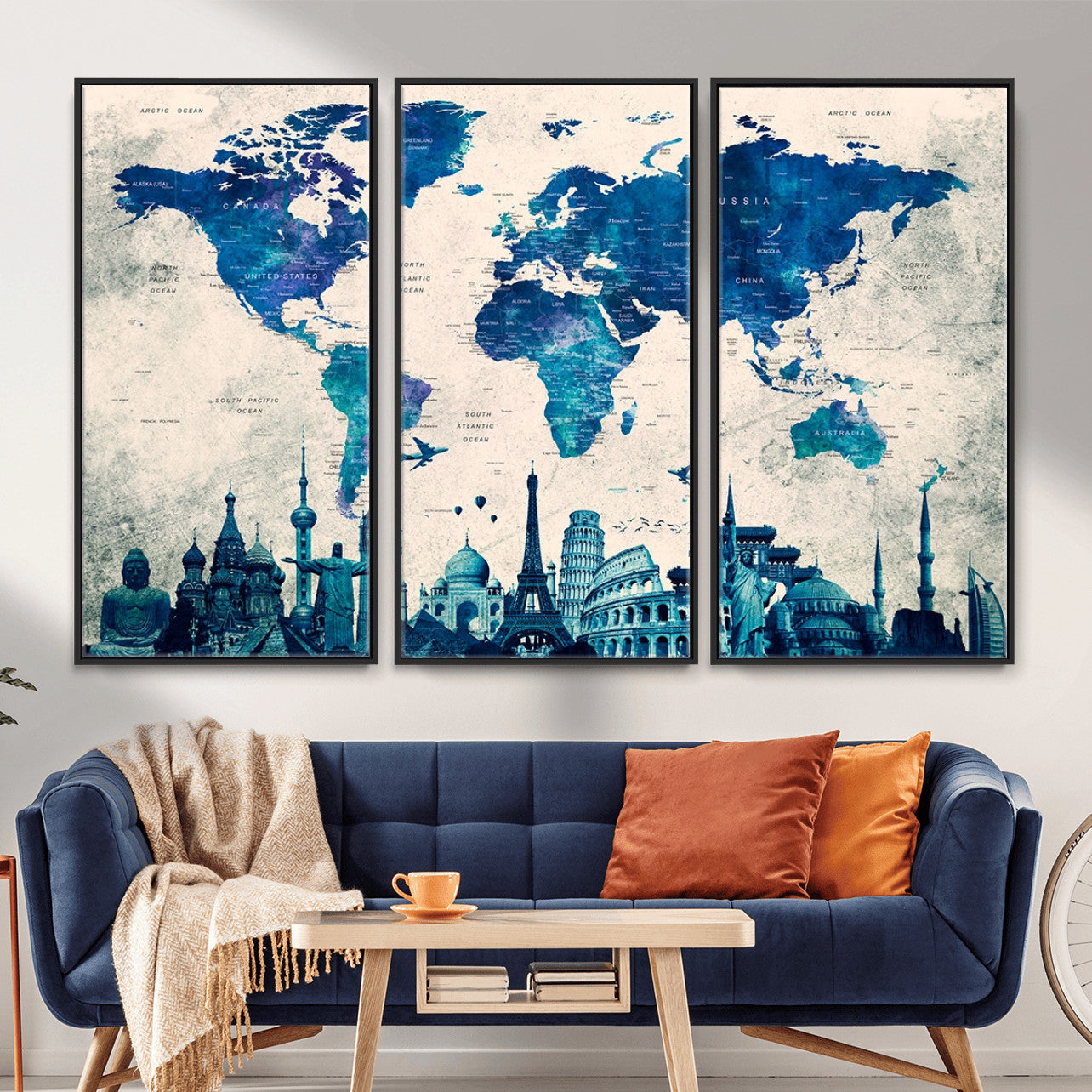 MGV-FC-48X32-3P - Blue World Map Wall Art Canvas Print, Framed Iconic Landmarks Art Picture Print, Blue Globe Map Perfect Elegant Explorer Decor Artwork