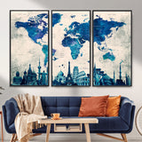 MGV-FC-48X32-3P - Blue World Map Wall Art Canvas Print, Framed Iconic Landmarks Art Picture Print, Blue Globe Map Perfect Elegant Explorer Decor Artwork