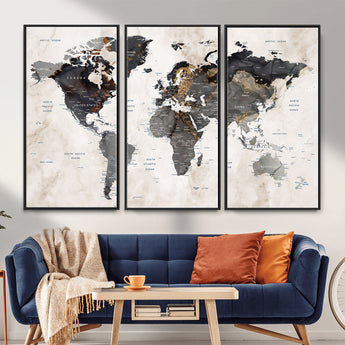 MGV-FC-48X32-3P - World Map Wall Art Canvas Print, Framed Rustic Map Art Picture Print, Antique Map Perfect Rustic Explorer Decor Artwork