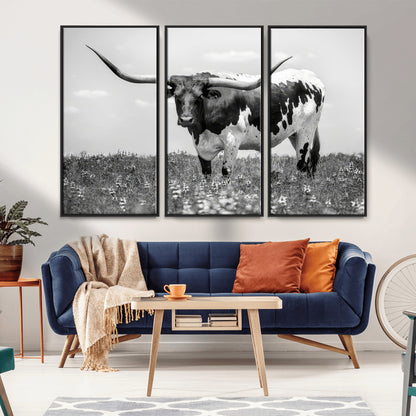 83785-MGV-FC-48X32-3P_Black-Texas Longhorn Wall Art Canvas Print, Framed Horned Bull Art Picture Print, Monochrome Cattle Perfect Rustic Western Decor Artwork
