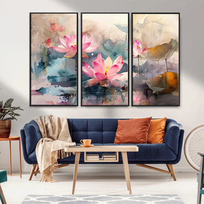 18414-MGV-CV-36X24-Pink Lotus Wall Art Canvas Print, Framed Water Lily Art Picture Print, Dreamy Floral Perfect Dreamy Botanical Decor Artwork