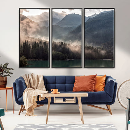 64758-MGV-CV-36X24-Misty Mountains Wall Art Canvas Print, Framed Moody Pines Art Picture Print, Forest Lake Perfect Moody Alpine Decor Artwork
