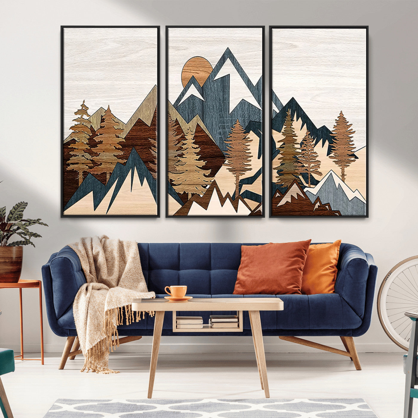 80300-MGV-CV-36X24-Geometric Mountains Wall Art Canvas Print, Framed Stylized Trees Art Picture Print, Graphic Forest Perfect Rustic Abstract Decor