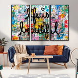 36856-MGV-FC-48X32-3P_Black-Life Is Beautiful Wall Art – Colorful Graffiti Canvas Print, Modern Street Style Artwork, Inspirational Decor for Living Room,