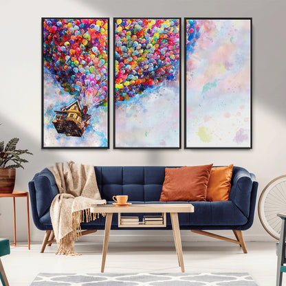 18792-MGV-FC-48X32-3P_Black-Up Movie House Wall Art Canvas Print, Framed Carls Journey Art Picture Print, Up Inspired Perfect Animated Whimsical Decor Artwork