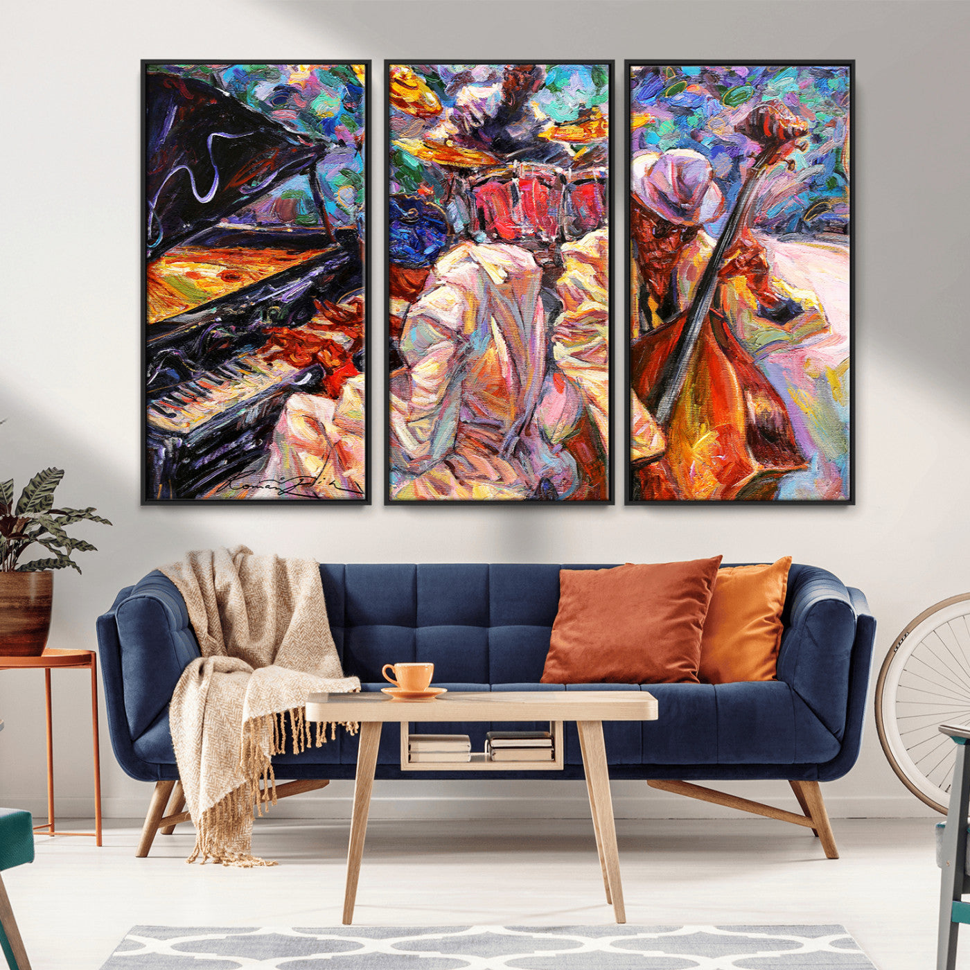 13675-MGV-FC-48X32-3P_Black-Jazz Band Wall Art Canvas Print, Framed Jazz Oil Painting Art Picture Print, Vibrant Music Perfect Abstract Musical Decor Artwork