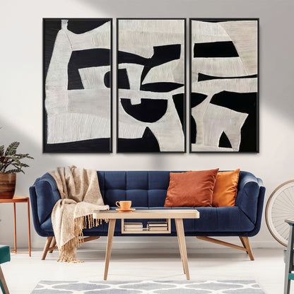 33714-MGV-CV-36X24-Monochrome Design Wall Art Canvas Print, Framed Modern Linework Art Picture Print, Textured Shapes Perfect Monochrome Modern Decor