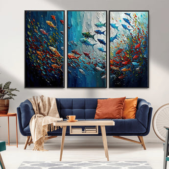 89626-MGV-FC-48X32-3P_Black-Fish Swarm Wall Art Canvas Print, Framed Abstract Ocean Art Picture Print, Underwater Life Perfect Vibrant Coastal Decor Artwork