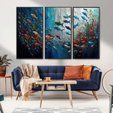 89626-MGV-CV-36X24-Fish Swarm Wall Art Canvas Print, Framed Abstract Ocean Art Picture Print, Underwater Life Perfect Vibrant Coastal Decor Artwork