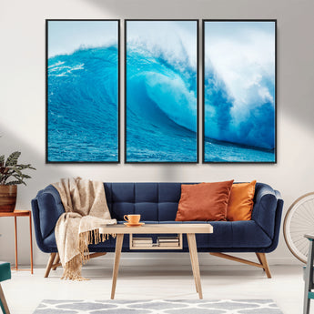 15566-MGV-FC-48X32-3P_Black-Ocean Wave Wall Art Canvas Print, Framed Curling Wave Art Picture Print, Vibrant Surf Wave Perfect Coastal Surf Decor Artwork