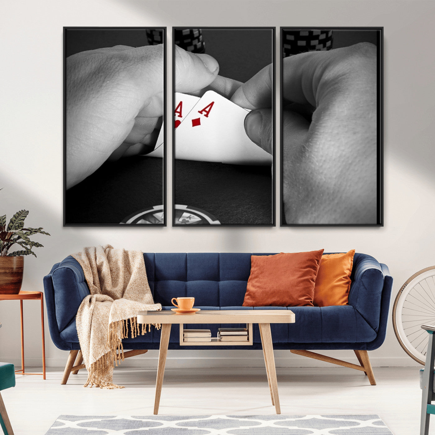 62460-MGV-CV-36X24-Poker Game Wall Art – Close Up of Hands Holding Aces with Chips, Casino Style Decor for Game Room, Man Cave or Office