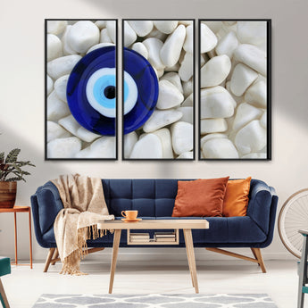 48883-MGV-CV-36X24-Evil Eye Wall Art – Deep Blue Symbol of Presence and Calm on White Stones, Subtle Spiritual Decor for Entryway, Studio, Office or