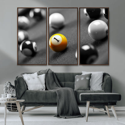 52108-MGV-CV-36X24-Precision Pool Table Wall Art – Close Up Yellow 1 Ball Canvas Print, Hand-Played Billiards Game Decor for Office, Game Room, or