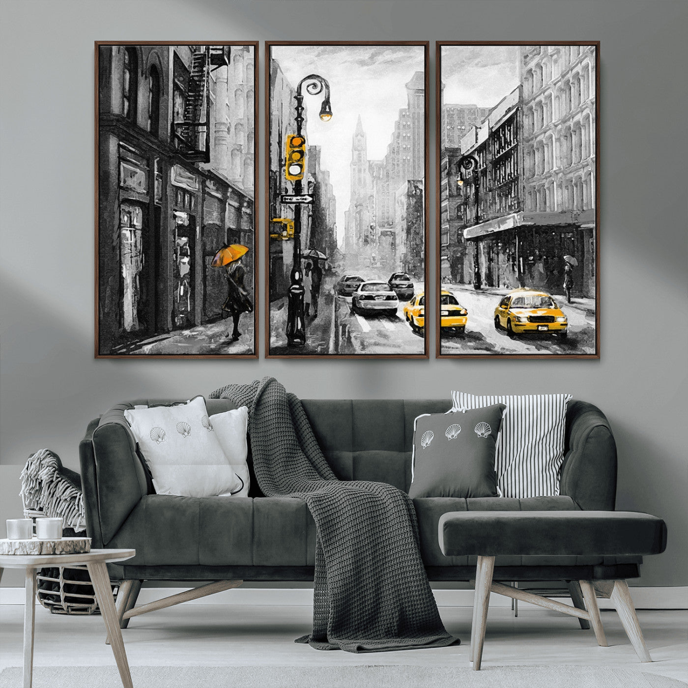 32362-MGV-FC-48X32-3P_Walnut-NYC Street Wall Art – Black and White Cityscape with Yellow Taxis and Umbrella Canvas Print, Urban Home Decor for Living Room or