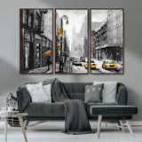32362-MGV-FC-48X32-3P_Walnut-NYC Street Wall Art – Black and White Cityscape with Yellow Taxis and Umbrella Canvas Print, Urban Home Decor for Living Room or