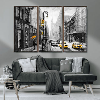 32362-MGV-FC-48X32-3P_Walnut-NYC Street Wall Art – Black and White Cityscape with Yellow Taxis and Umbrella Canvas Print, Urban Home Decor for Living Room or