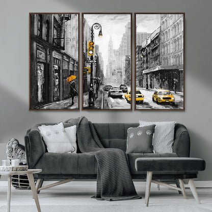 32362-MGV-FC-48X32-3P_Walnut-NYC Street Wall Art – Black and White Cityscape with Yellow Taxis and Umbrella Canvas Print, Urban Home Decor for Living Room or
