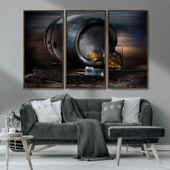 78049-MGV-CV-36X24-Whiskey Barrel Wall Art – Rustic Whiskey Barrel and Glass with Ice Canvas Print, Classic Bar or Lounge Decor for Home, Office, or