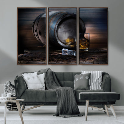 78049-MGV-CV-36X24-Whiskey Barrel Wall Art – Rustic Whiskey Barrel and Glass with Ice Canvas Print, Classic Bar or Lounge Decor for Home, Office, or