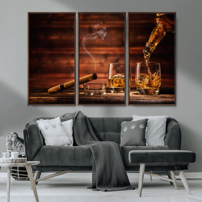91042-MGV-FC-48X32-3P_Walnut-Whiskey & Cigar Wall Art – Elegant Whiskey Pour and Smoldering Cigar Canvas Print, Sophisticated Bar or Lounge Decor for Home,