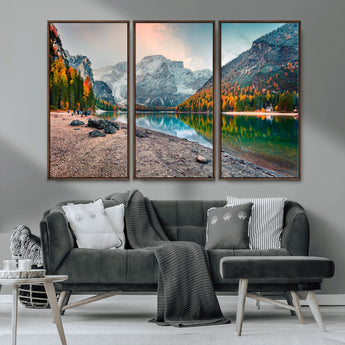 25982-MGV-CV-36X24-Autumn Mountain Lake Wall Art – Panoramic Fall Foliage and Snowy Peaks Canvas Print, Scenic Nature Decor for Living Room or Office