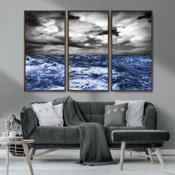 36012-MGV-CV-36X24-Dramatic Stormy Ocean Waves Black and White with Deep Blue Highlights – Moody Seascape Wall Art, Nature Photography Print for Home