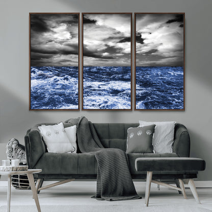36012-MGV-CV-36X24-Dramatic Stormy Ocean Waves Black and White with Deep Blue Highlights – Moody Seascape Wall Art, Nature Photography Print for Home