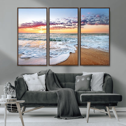 39560-MGV-CV-36X24-Sunrise Beach Wall Art – Vibrant Ocean Waves and Golden Sand Canvas Print, Seaside Coastal Decor for Living Room, Bedroom or