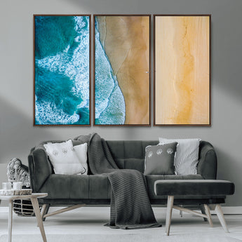 46640-MGV-CV-36X24-Aerial Beach Wall Art – Turquoise Waves and Golden Sand Canvas Print with Lone Surfer, Coastal Ocean Decor for Living Room,
