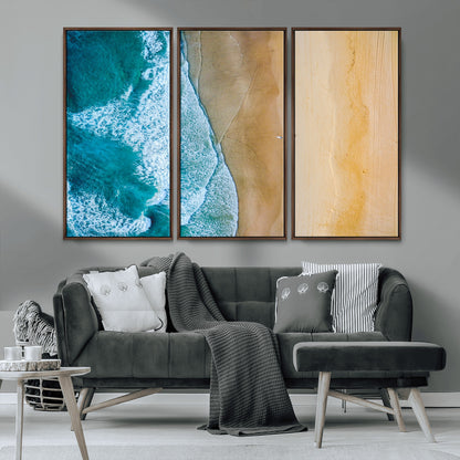 46640-MGV-CV-36X24-Aerial Beach Wall Art – Turquoise Waves and Golden Sand Canvas Print with Lone Surfer, Coastal Ocean Decor for Living Room,