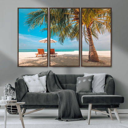 69754-MGV-CV-36X24-Tropical Beach Wall Art – Relaxing Palm Tree and Lounge Chairs Canvas Print, Serene Coastal Decor for Living Room, Bedroom, Office