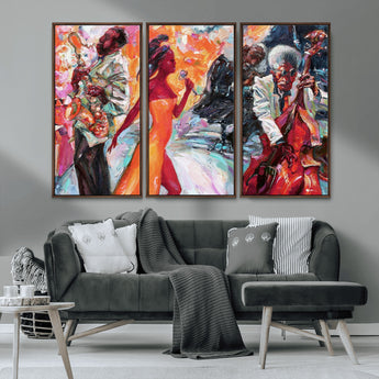 24452-MGV-CV-36X24-Vibrant Jazz Musician Painting - Expressive Art Print of Live Jazz Band, Perfect Wall Decor for Music Lovers and Art Enthusiasts