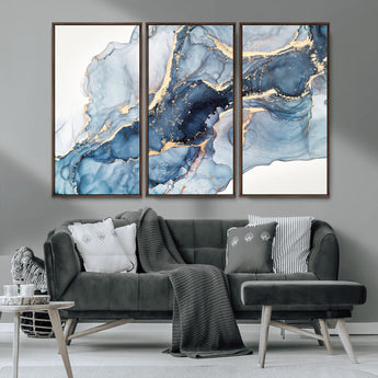 33782-MGV-CV-36X24-Abstract Marble Wall Art – Blue & Gold Fluid Painting Canvas Print, Modern Home Decor for Living Room, Bedroom or Office