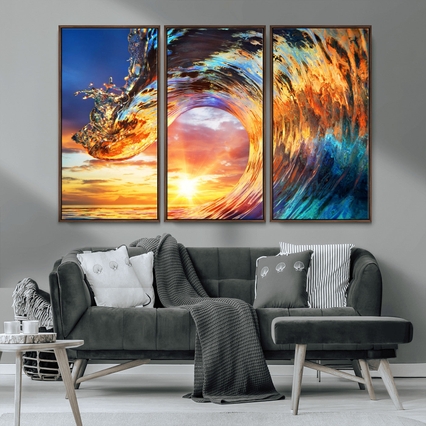 52890-MGV-CV-36X24-Surfing Wave Wall Art Canvas Print, Framed Sunset Ocean Art Picture Print, Ocean Wave Perfect Nautical Decor Artwork