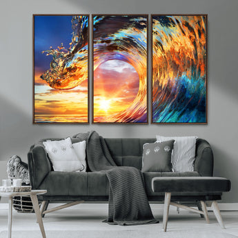 52890-MGV-CV-36X24-Surfing Wave Wall Art Canvas Print, Framed Sunset Ocean Art Picture Print, Ocean Wave Perfect Nautical Decor Artwork