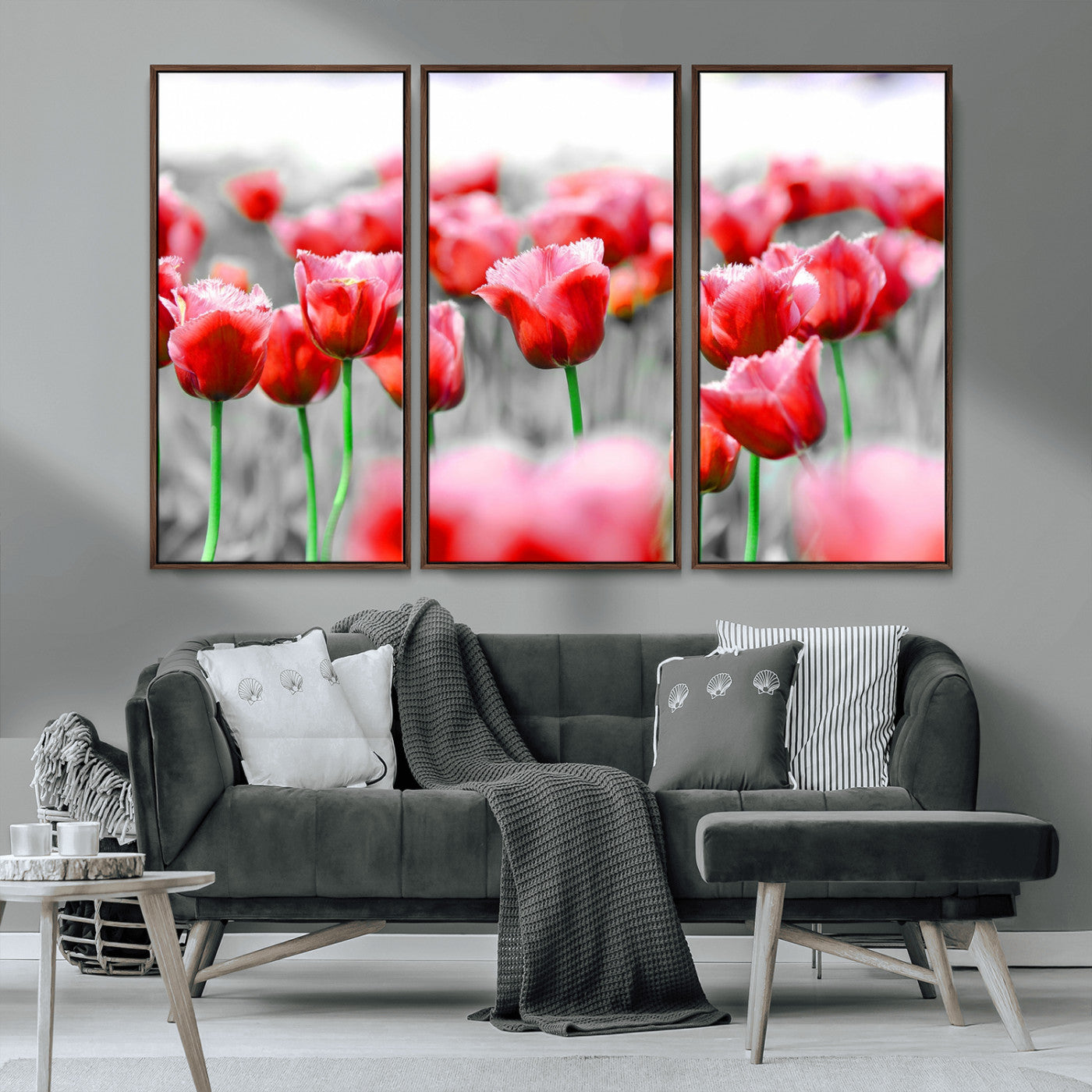 44554-MGV-CV-36X24-Vibrant red tulips stand out beautifully against a black-and-white background, making a striking decor piece perfect for any home