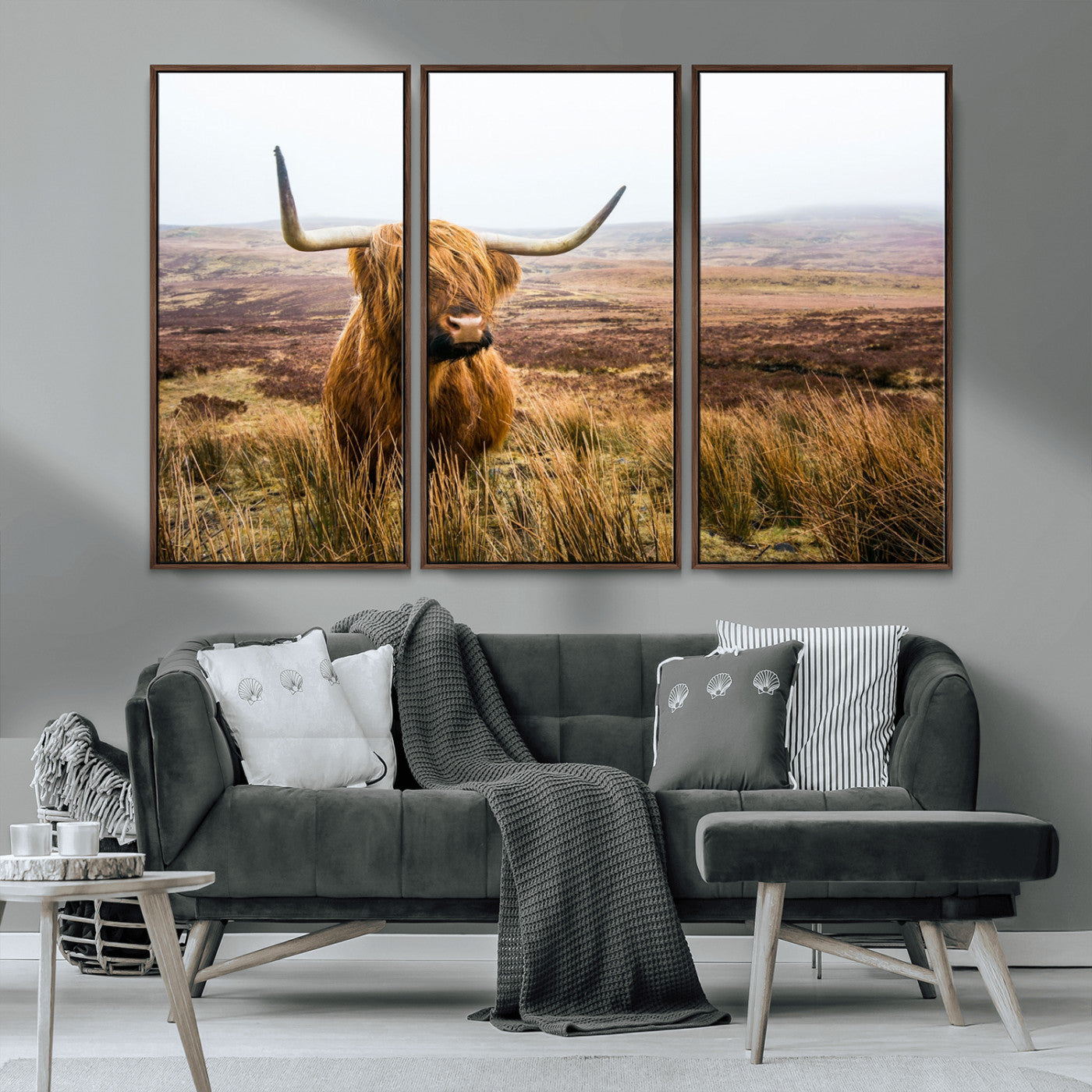 79391-MGV-CV-36X24-Majestic Highland Cow in Misty Scottish Moorland – Rustic Natural Charm, Perfect for Unique Home or Office Decor