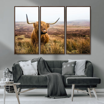 79391-MGV-CV-36X24-Majestic Highland Cow in Misty Scottish Moorland – Rustic Natural Charm, Perfect for Unique Home or Office Decor
