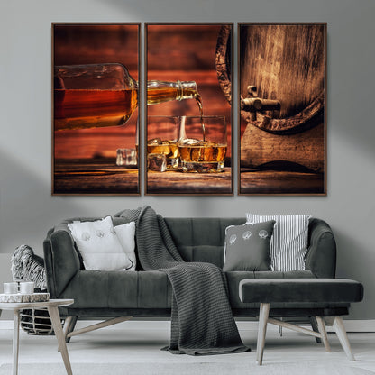 21266-MGV-CV-36X24-Pouring Whiskey into Glasses with Ice – Rustic Wooden Barrel Background, Warm Ambient Lighting, Ideal Decor for Home or Office