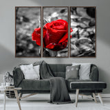 84671-MGV-CV-36X24-Red Rose Wall Art – Vibrant Single Bloom Canvas Print with Black and White Background, Elegant Floral Decor for Living Room,