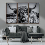 97372-MGV-CV-36X24-Elegant Highland Cow Wall Art – Black and White Canvas Print, Rustic Nature Decor for Home, Office, Living Room or Man Cave