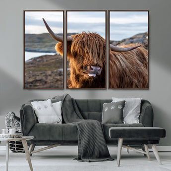 71222-MGV-FC-48X32-3P_Walnut-A playful Highland cow with shaggy fur sticks out its tongue, set against a rugged landscape — perfect for quirky home or office