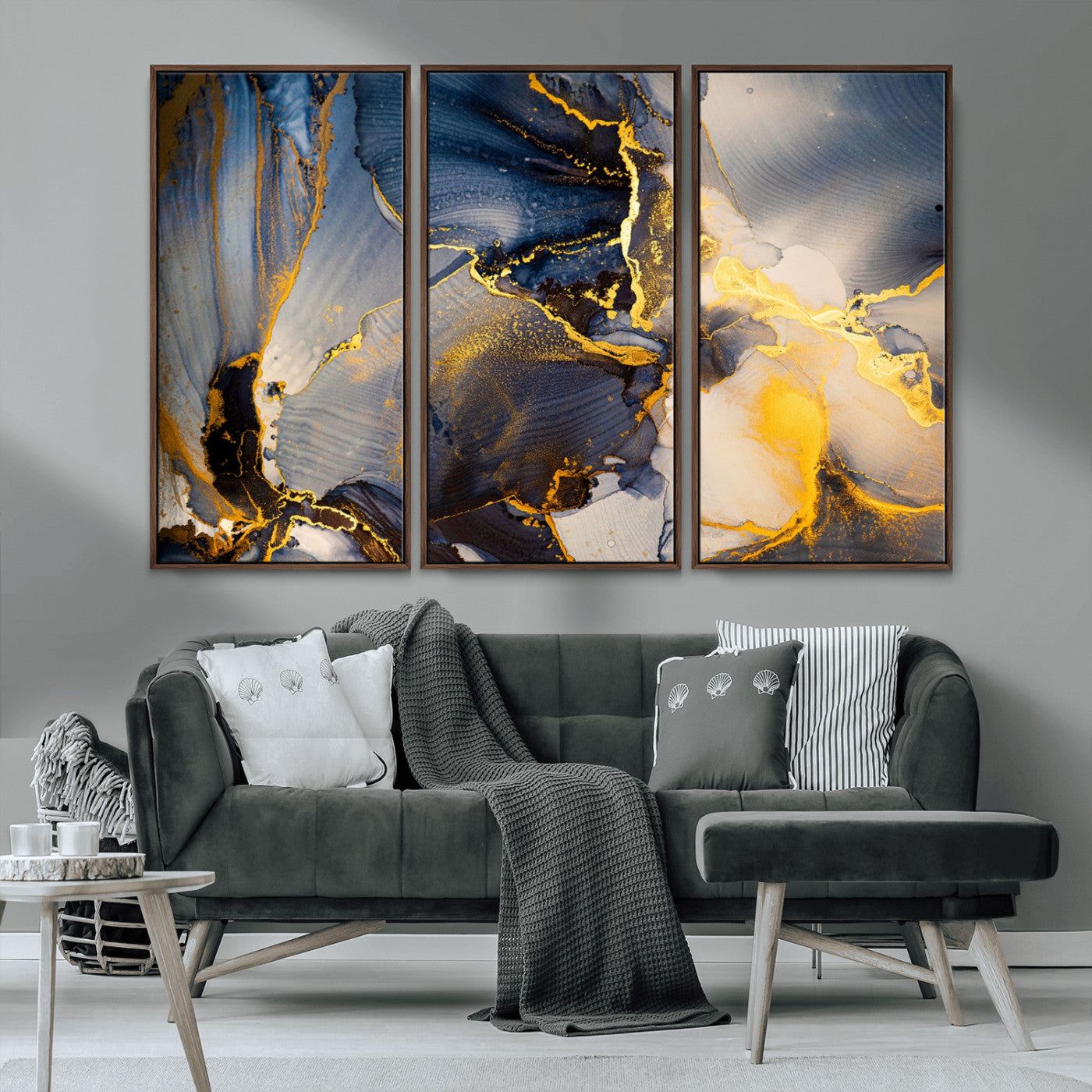 42100-MGV-FC-48X32-3P_Walnut-Golden Flow Abstract Wall Art – Panoramic Modern Blue and Gold Canvas Print, Contemporary Artistic Decor for Home, Office