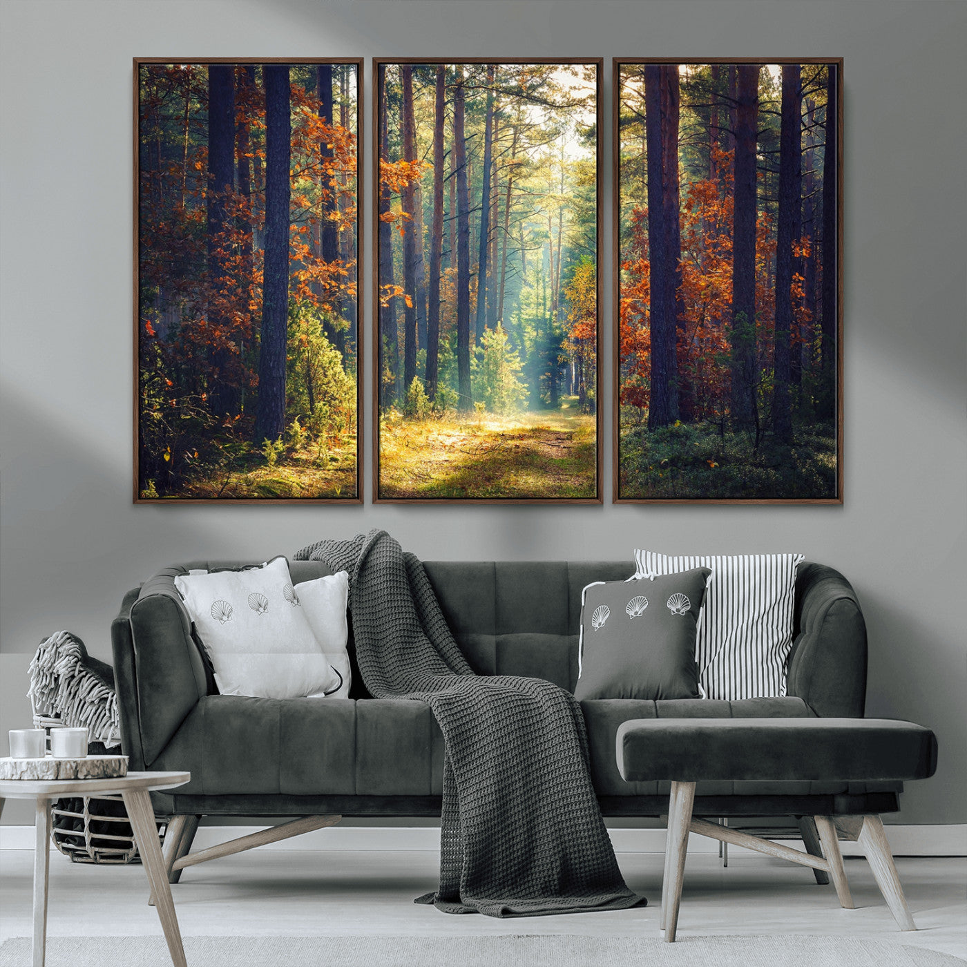 86249-MGV-FC-48X32-3P_Walnut-Sunlit Autumn Forest Path Wall Art – Peaceful Nature Scene with Fall Foliage, Calming Woods Decor for Home or Office