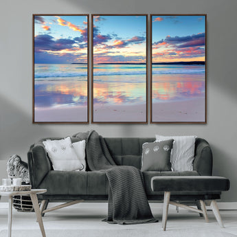 64882-MGV-FC-48X32-3P_Walnut-Tranquil Sunset Beach Wall Art – Panoramic Ocean Reflection Canvas Print, Calm Coastal Decor for Bedroom, Living Room or Office