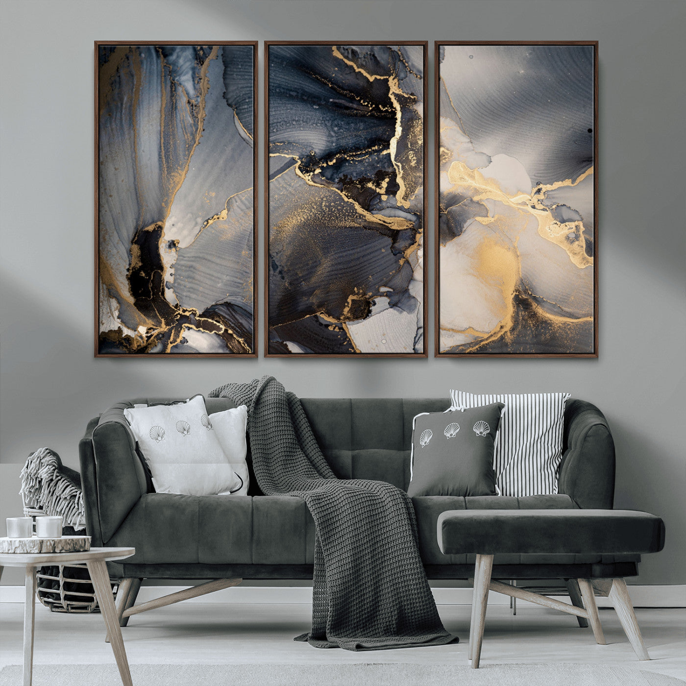 24068-MGV-CV-36X24-Luxury Abstract Wall Art – Gold & Gray Fluid Ink Painting Canvas, Modern Metallic Home Decor, Elegant Office or Living Room Accent