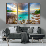23769-MGV-CV-36X24-Tropical Beach Sunset Wall Art – Ocean Waves and Rocky Shore Canvas Print, Coastal Seascape Photography Decor